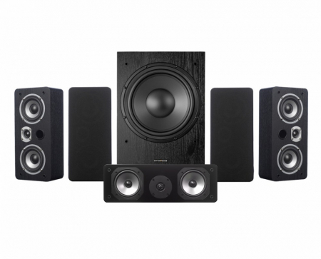 Högtalarpaket 5.1 med subwoofer och satellithögtalare i svart finish.