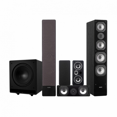 Fem högtalare och en subwoofer i svart, för 5.1-ljudsystem.