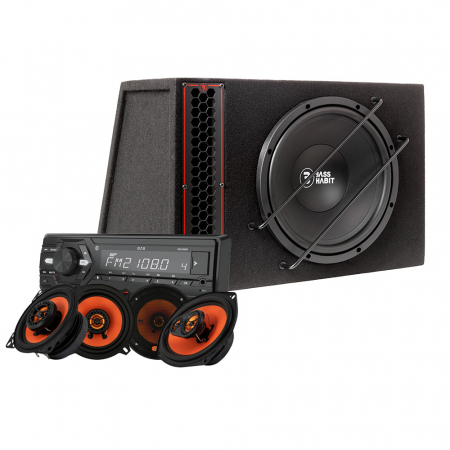 Bass Habit PL112A helhetspaket med MAD X1-högtalare och M100-BT i gruppen Paketlösningar / Paket för bilen / Helhetspaket hos BRL Electronics (SETMADM100BTPKT3)