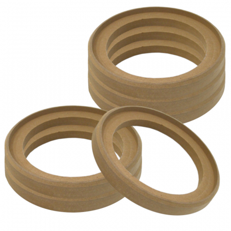 Sex MDF-ringar, försänkta, 8 tum, staplade i olika positioner.