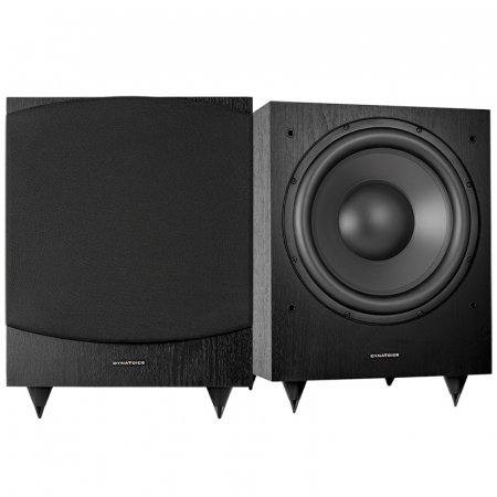 Två svarta subwoofers med rund basenhet och hörnben.