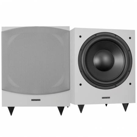 Vit subwoofer med tygfront och svart högtalare, två stycken i paket.