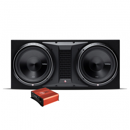 Baspaket med två subwoofers och en förstärkare för hög ljudkvalitet.