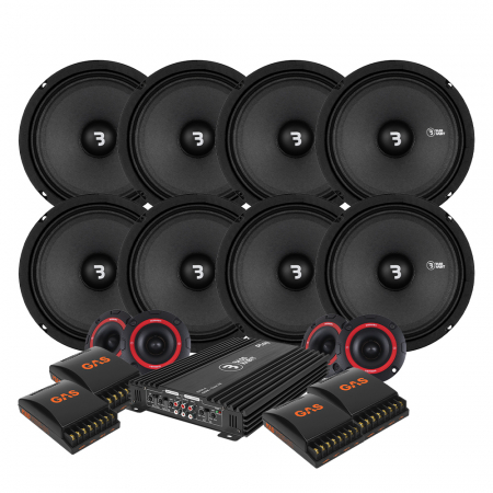 Högtalare och förstärkare i paket för bilstereo.