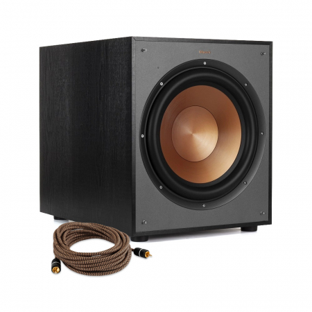 En svart subwoofer med en stor gyllene baskon och en kabel.