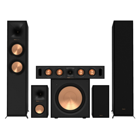 Sex högtalare i svart med guldiga detaljer, inklusive två golvhögtalare och en subwoofer.