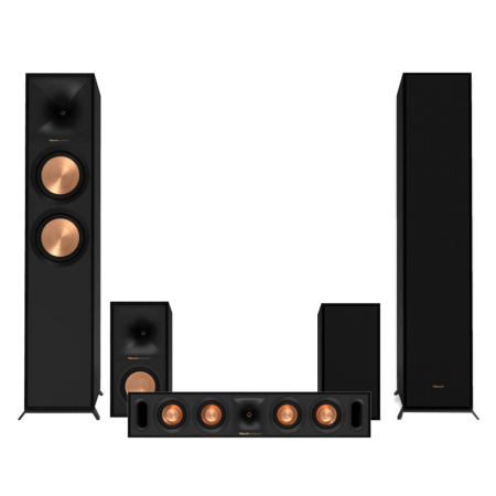 Klipsch Reference R-600F 5.0 högtalarpaket, svart Ett högtalarpaket med svarta tornhögtalare och en centerhögtalare.