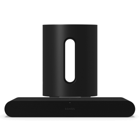 Svart soundbar och subwoofer, elegant design för förbättrad ljudupplevelse.