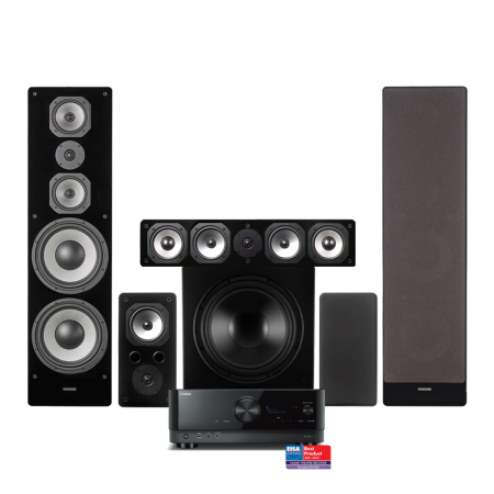 Hemmaljudsystem med reciever och högtalare i svart design.