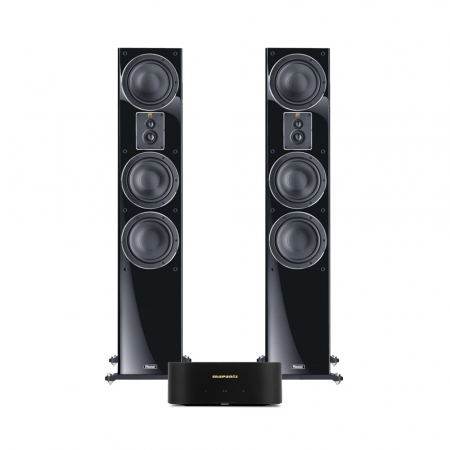 Svarta högtalare med elegant design och subwoofer för stereoljud.