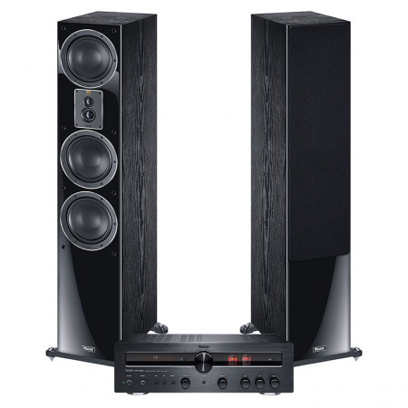 Högtalare och förstärkare i svart, stilren och modern design.