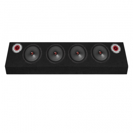 Bass Habit Rebel SR165M med SR25T & tom raggarplanka Högtalarsystem med fyra element och en tom låda för installation.