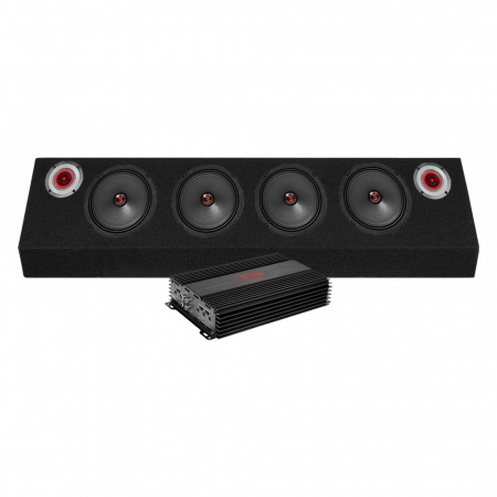 Ljudpaket med högtalare, subwoofer och förstärkare för bil.