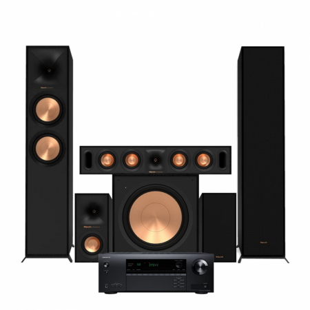 Femtalssystem med golvhögtalare, subwoofer och receiver i svart design.