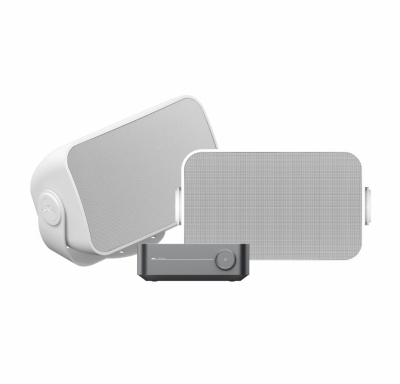 WiiM Amp Pro & vita utomhushögtalare från Sonos och Sonance, par