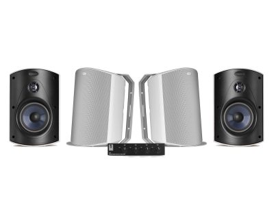 System One SC4B högtalarväxel & 2 par Polk Audio Atrium 6 Vita Utomhushögtalare