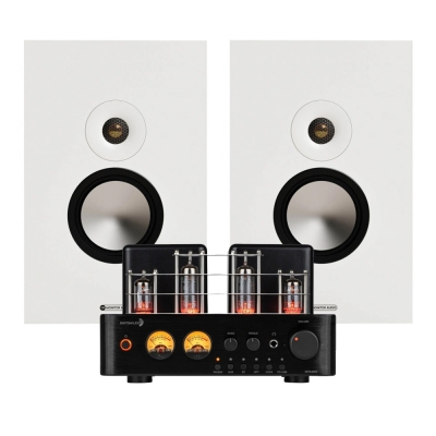 Dayton Audio HTA100 med Monitor Audio Bronze On-Wall 7G i vitt, stereopaket