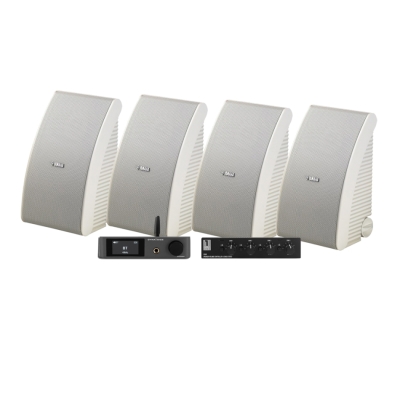4-pack Yamaha NS-AW592 i vitt med Dynavoice CA802BT och SC4B, utomhuspaket