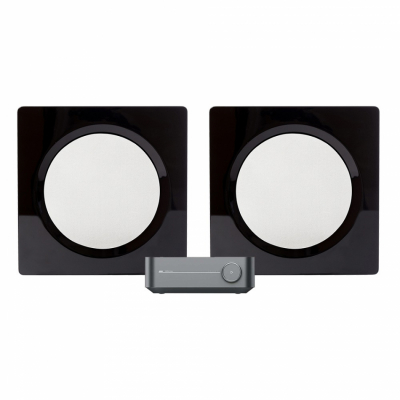 WiiM Amp & DLS Flatbox D-One 2.0 stereopaket, svart/vit