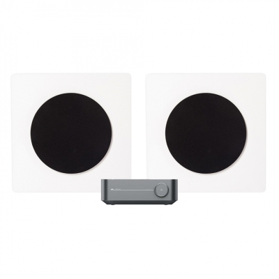 WiiM Amp med DLS Flatbox D-One, 2.0 stereopaket i vitt