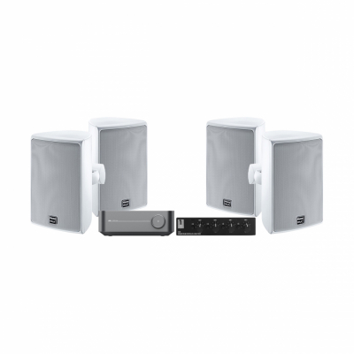 WiiM Amp, SC4B & 2 par Magnat Symbol X-130 utomhushögtalare, vit
