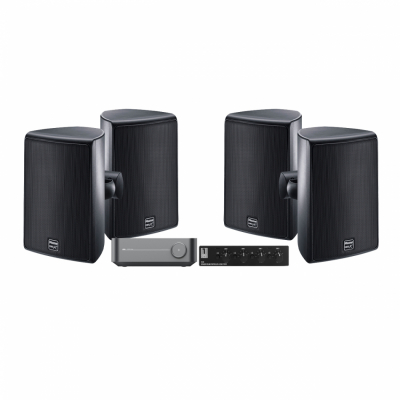 WiiM Amp med 2 par svarta Magnat Symbol X 160 & SC4B högtalarväxel