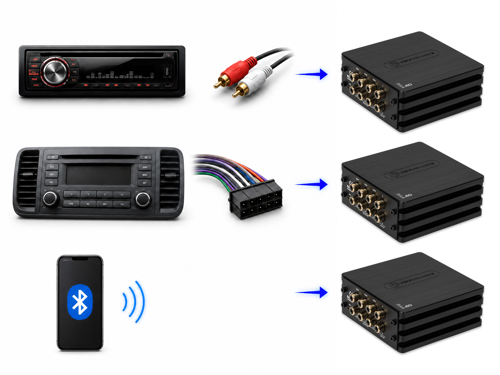 Diagram med 3 rader: Eftermarknadsstereo till DSP med lågnivåkabel, Originalstereo till DSP via högnivå och Bluetooth direkt till DSP.