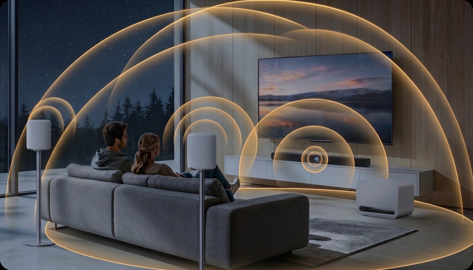 WiiM Bar under en TV med utstrålande sfäriska zoner, för att understryka surround-effekten