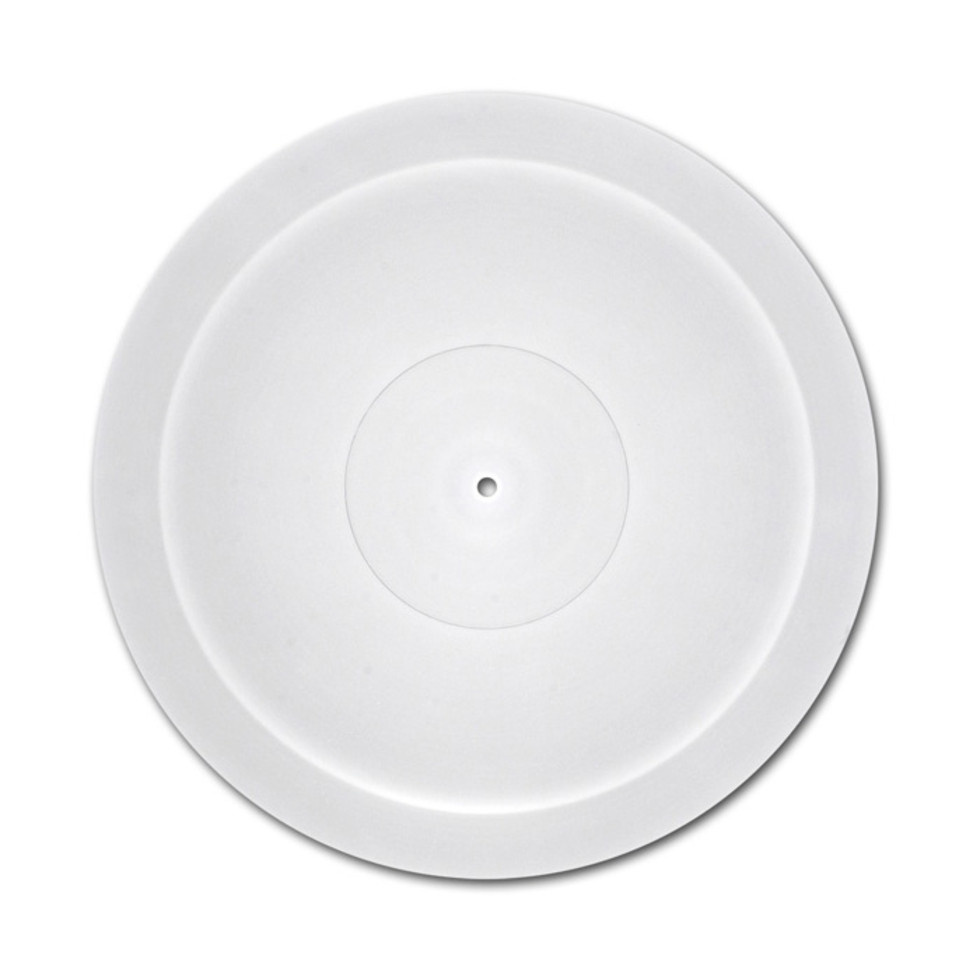 En rund skivtallrik i akryl, vit och slät yta.