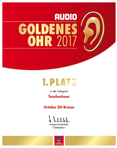 Ett prisbevis för Ortofon 2M Bronze som vann 1:a plats 2017.