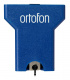 Ortofon MC Quintet Blue En blå ljudkassett med Ortofon-logotyp och en nål framtill.