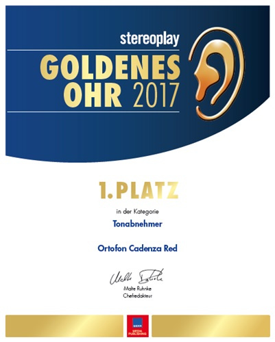Prisbelönt certifikat för Ortofon Cadenza Red, 1:a plats i kategorin Tonabnehmer.