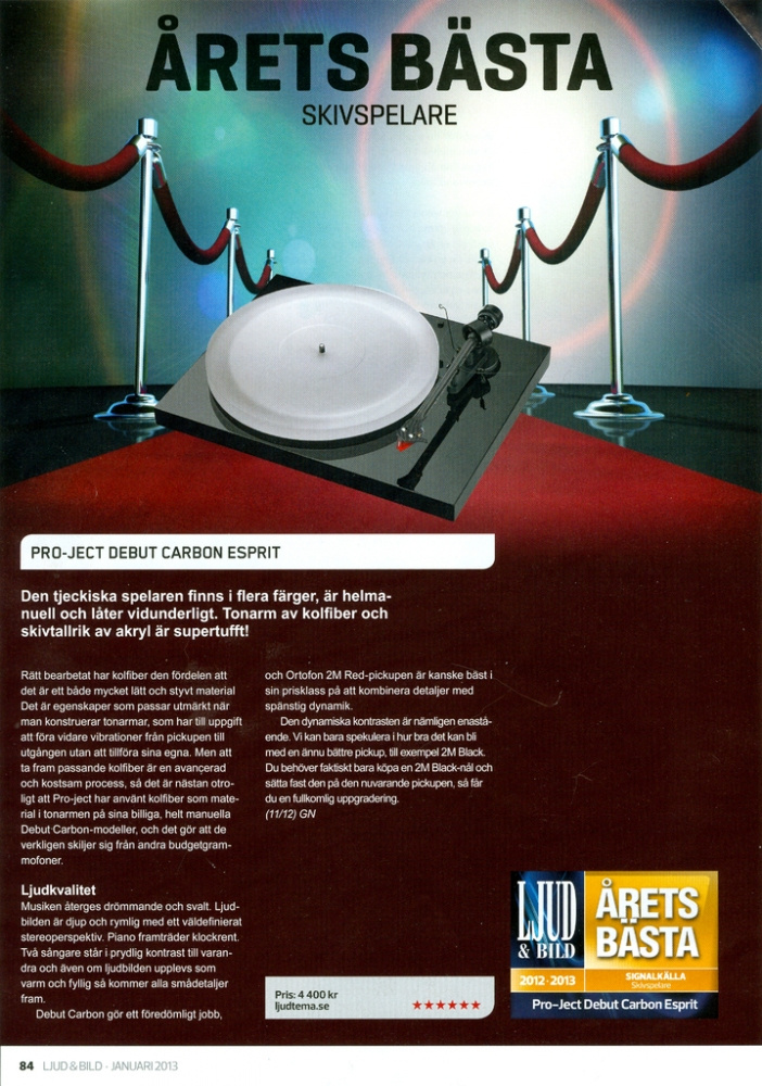 Pro-Ject Debut Carbon Esprit DC SpeedBox med 2M Red, pianolackad skivspelare