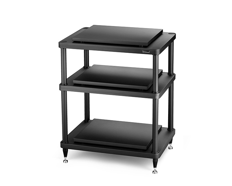 Hifi-rack i svart med tre hyllor, fraktskada synlig.