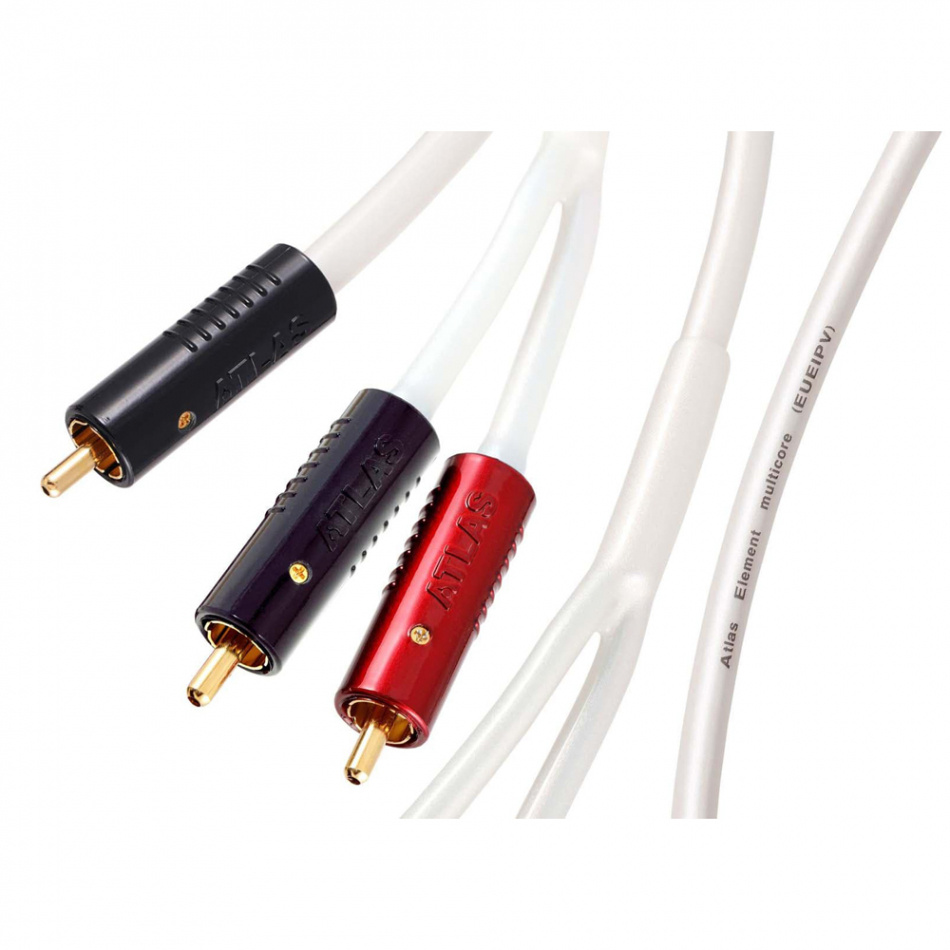 Subwooferkabel med fyra RCA-kontakter och vit kabel. Längd: 2,5 meter.