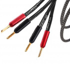 Högtalarkabel med röd och svart kontakt, två ledare, 3 meter lång.
