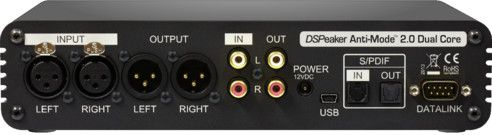 En ljudprocessor med olika ingångar och utgångar för stereoanslutning.