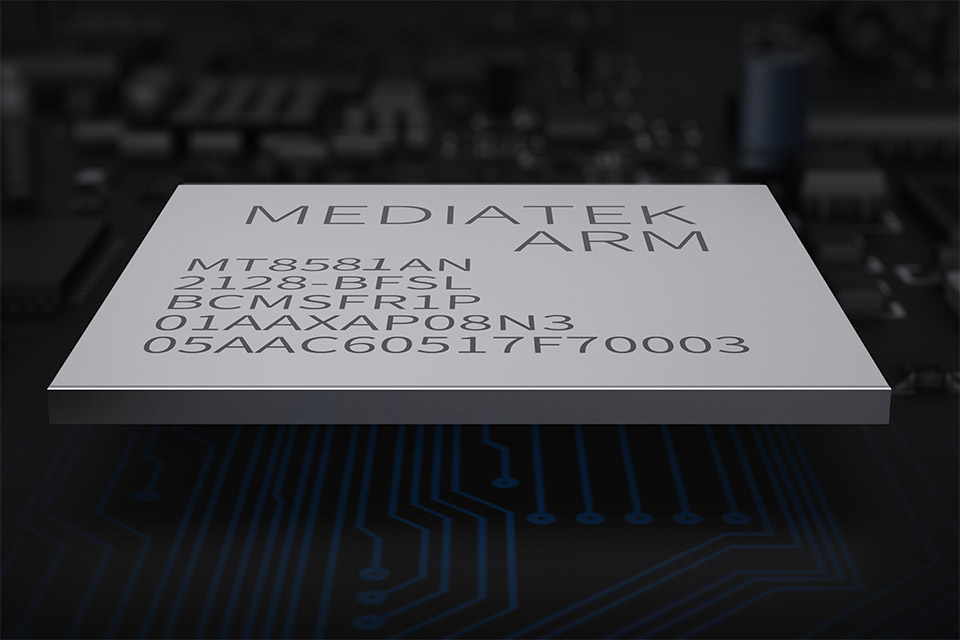 En processor från Mediatek på en kretskortbakgrund.