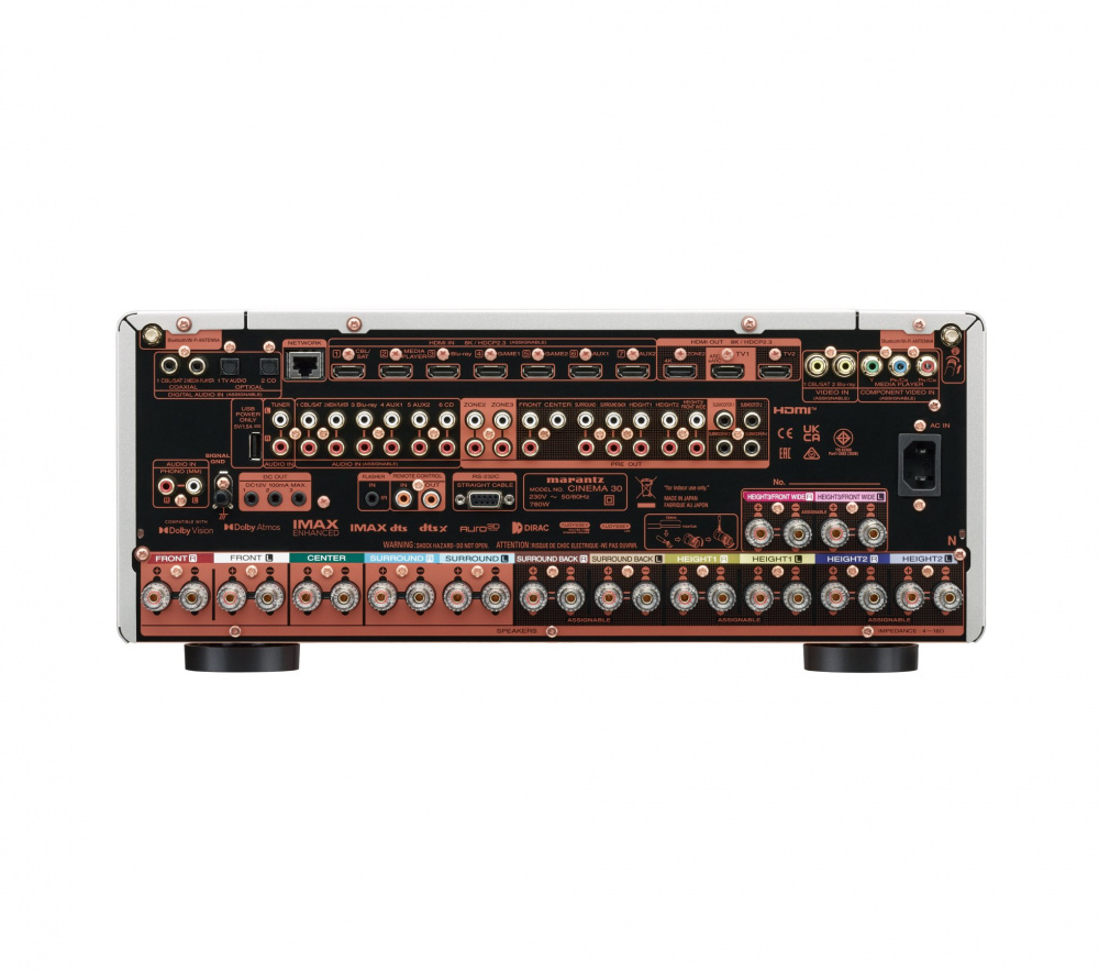 Baksidan av Marantz Cinema 30 med många anslutningar och portar.