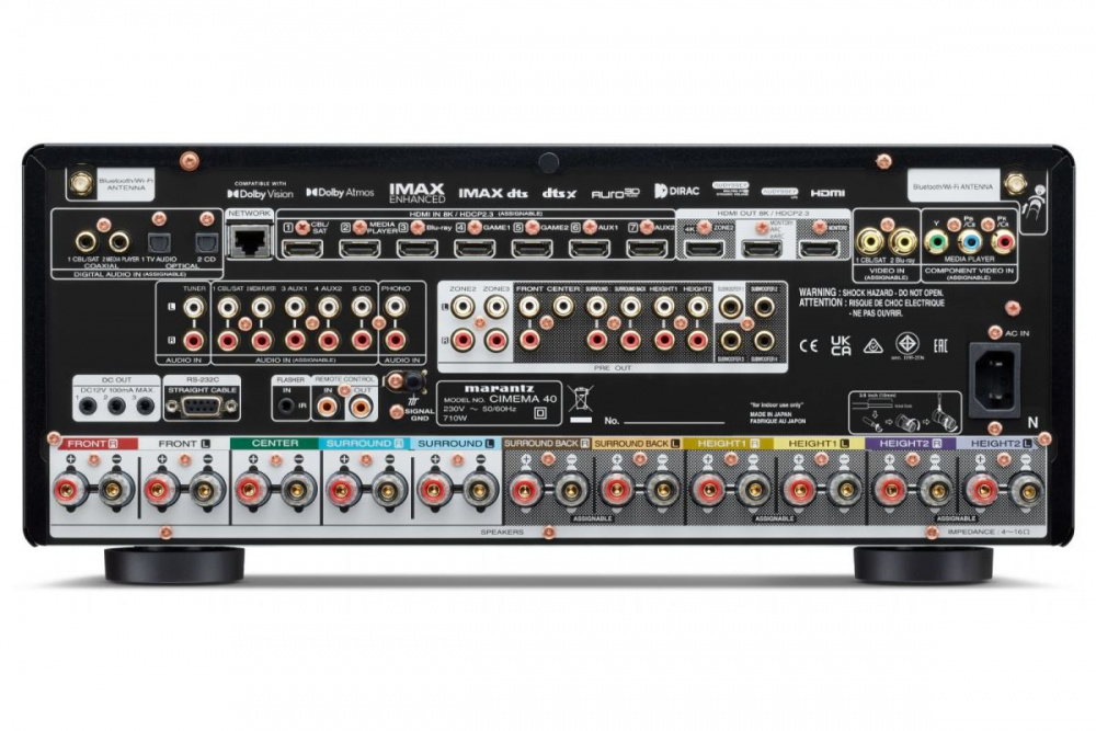 Baksidan av Marantz Cinema 40 med många anslutningar för ljud och video.