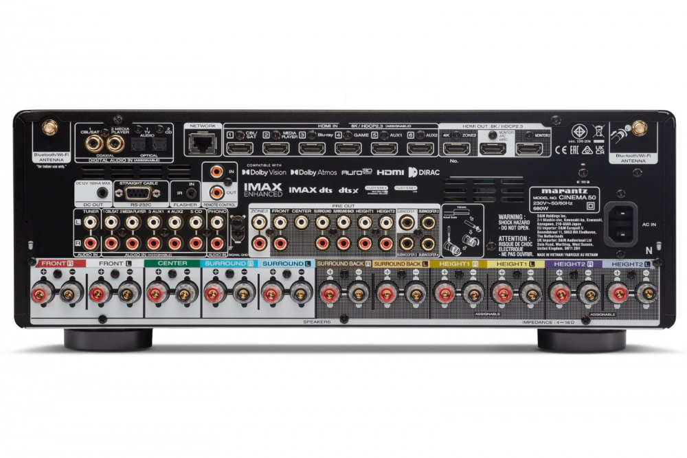 Baksidan av Marantz Cinema 50 med anslutningar för ljud och video.