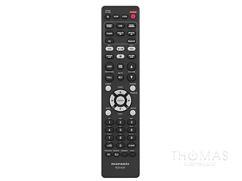 Fjärrkontroll för Marantz MCR-612 nätverksreceiver, svart med många knappar.