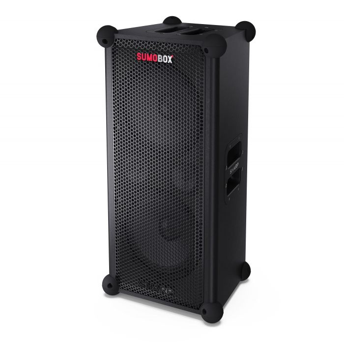 En svart partyhögtalare med gallerfront och löstagbart batteri.