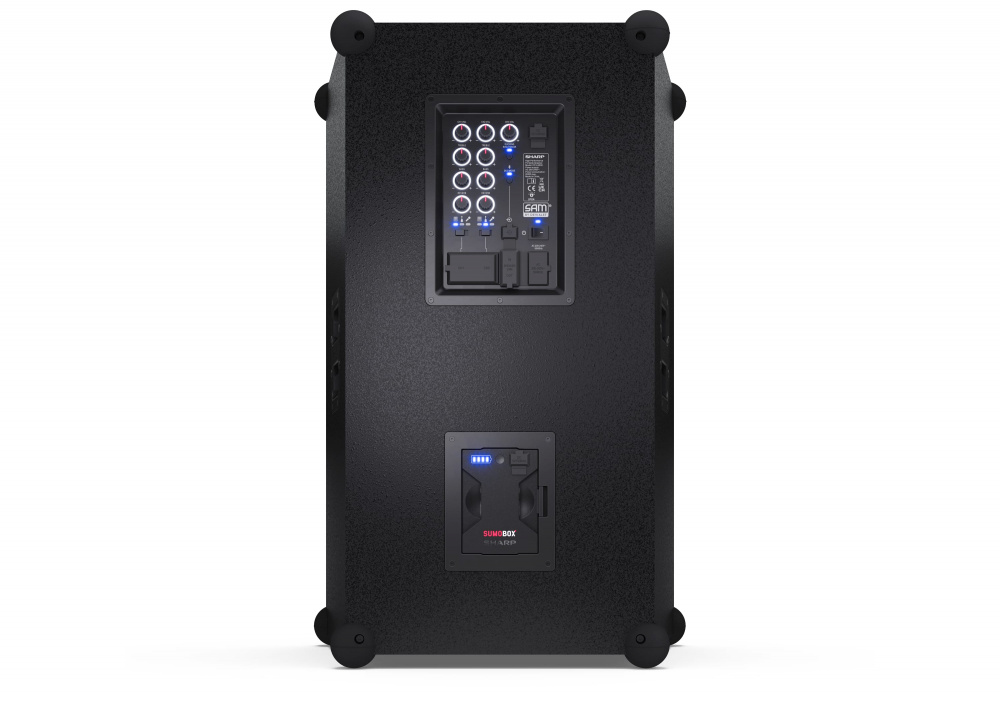 En svart partyhögtalare med anslutningspanel och kontroller.