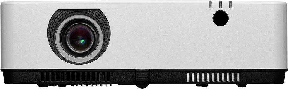 En vit WXGA-projektor med linse och knappar framtill.