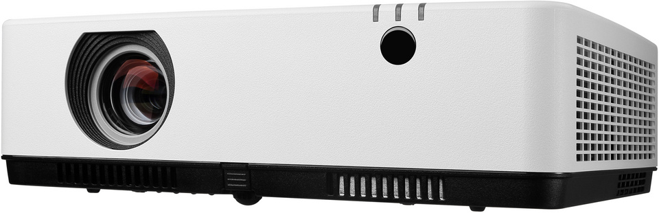 En vit WXGA-projektor med objektiv och ventilationsgaller.