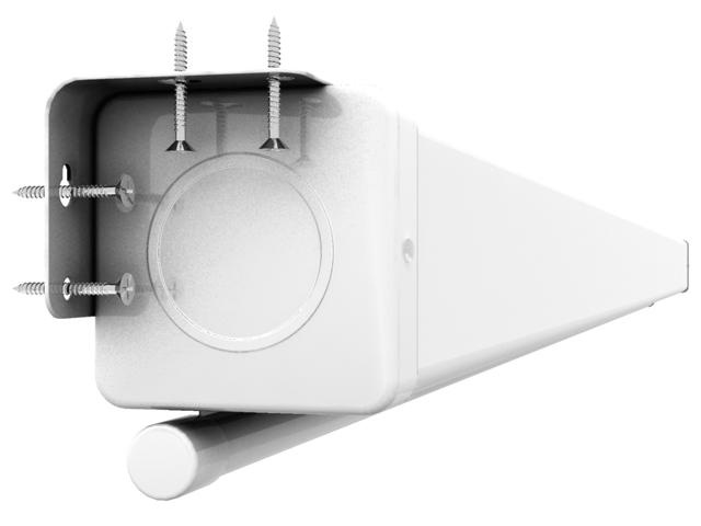 Motordriven projektorduk med vit ram och skruvar för montering.