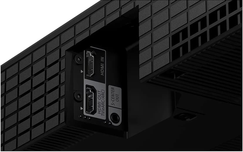 Portar för HDMI-anslutningar och centerljud på en ljudbar.