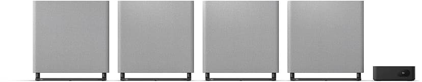 Fyra grå högtalare och en svart subwoofer för hemmabio.