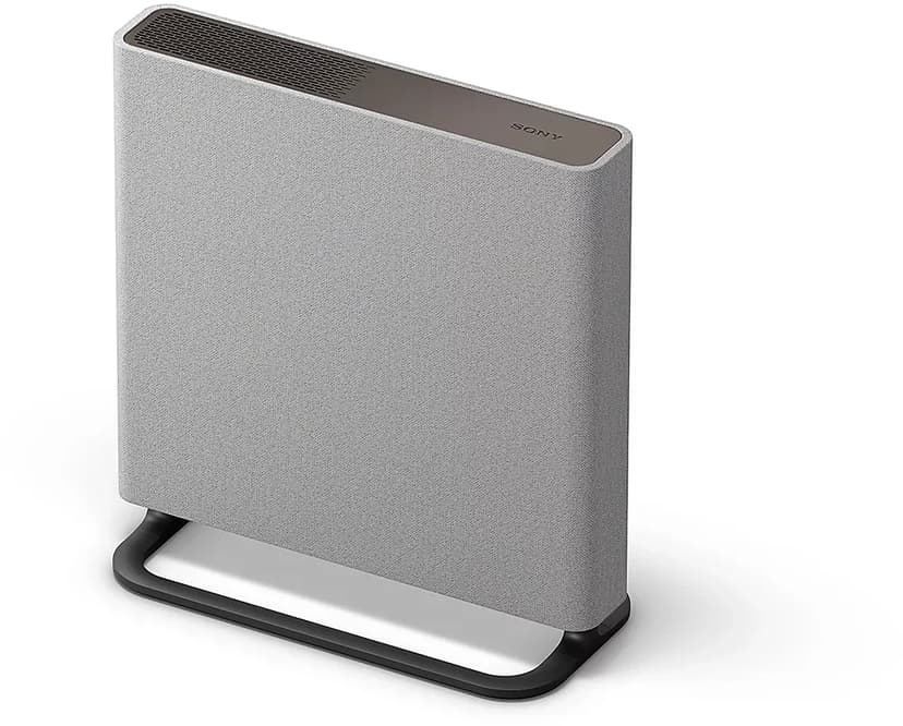 En grå högtalare med sockel, designad för hemmabiosystem.